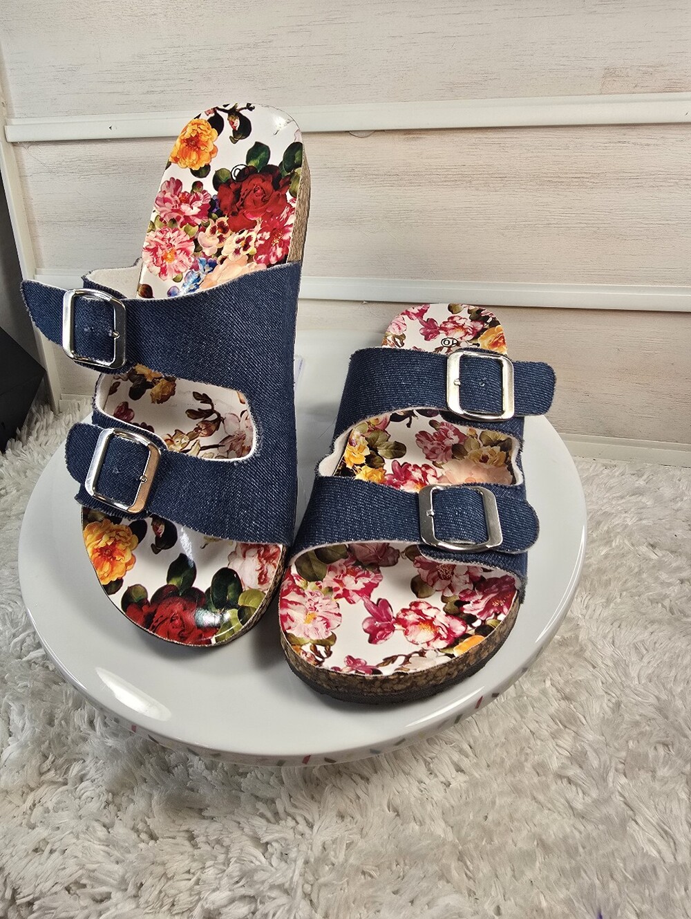 Floral Printed Footbed Denim Double-Buckle Slide Sandals - Women